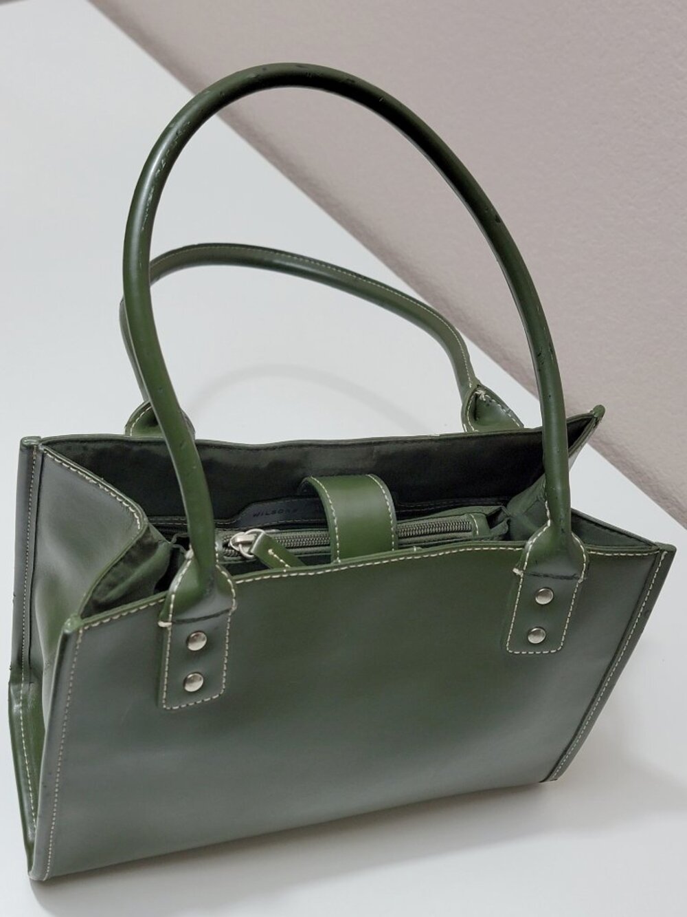 Wilsons Leather Green Structured Satchel Tote Handbag Silver Hardware Purse - Picture 5 of 12
